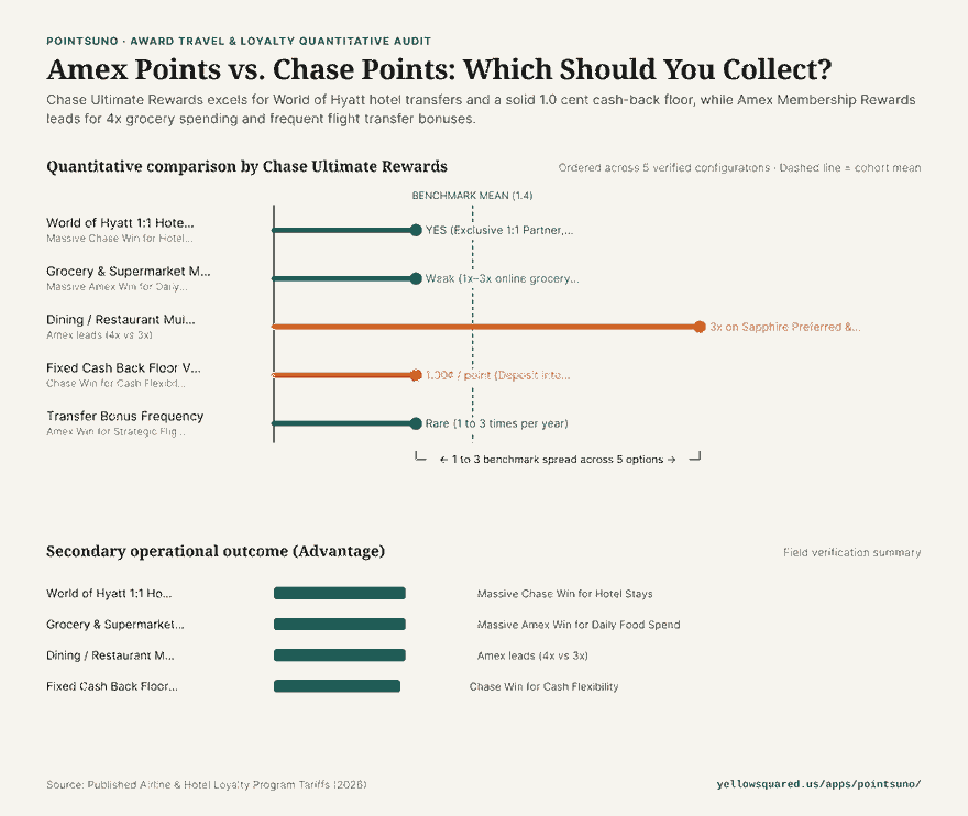 Grouped horizontal bar chart comparing Chase Ultimate Rewards and Amex Membership Rewards across hotel transfer sweet spots, supermarket spend, cash back floor, flight transfer bonuses, and dining multipliers.
