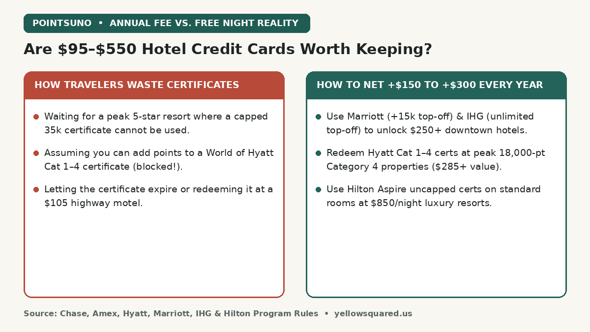 Comparison card showing how travelers waste hotel credit card free night certificates versus how to net 150 to 300 dollars every year using Marriott 15k top-offs, IHG unlimited top-offs, Hyatt Category 4 peak redemptions, and Hilton Aspire uncapped resort bookings.