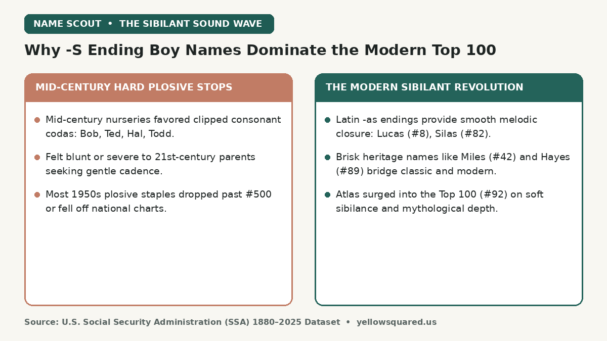 Comparison card contrasting mid-century hard plosive stops like Bob and Ted against modern sibilant -s boy names like Lucas, Miles, Silas, and Atlas.