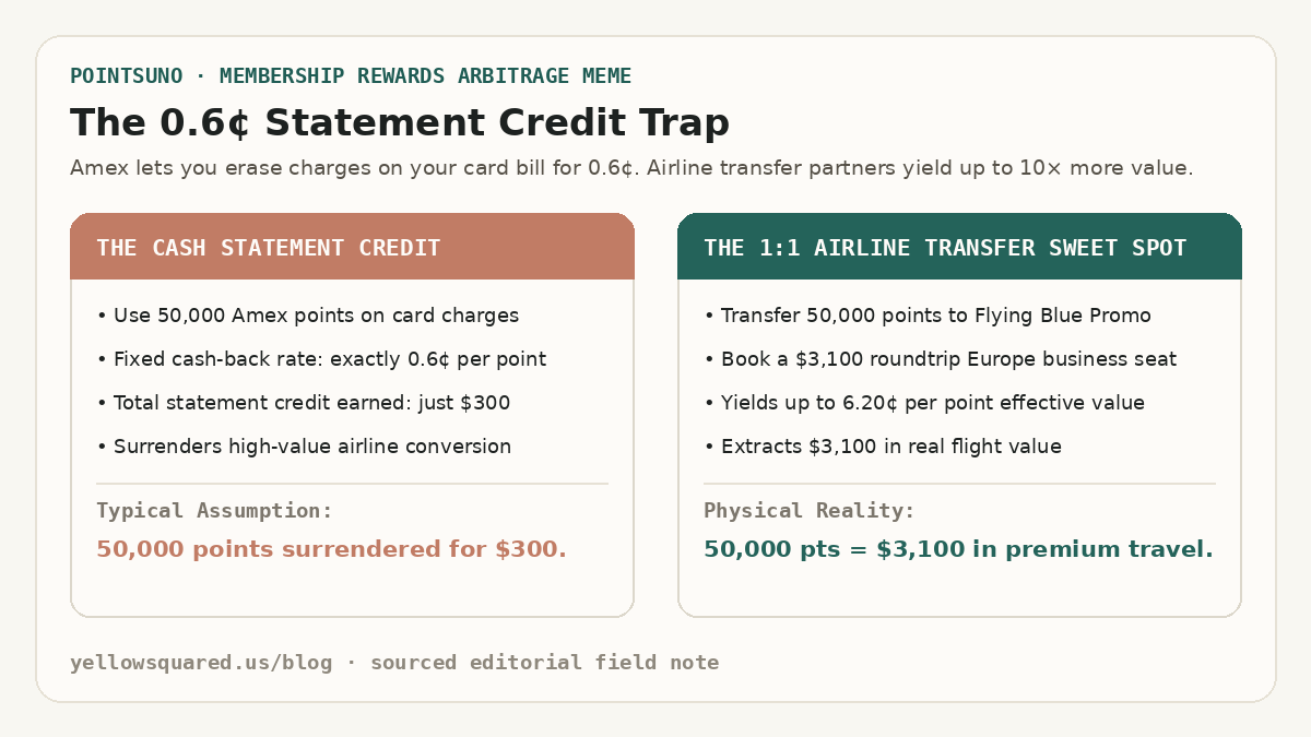 The 0.6-Cent Statement Credit Trap: Contrasting erasing card charges for 0.6 cents per point against transferring 50,000 points to Flying Blue for a 3,100-dollar business class seat.