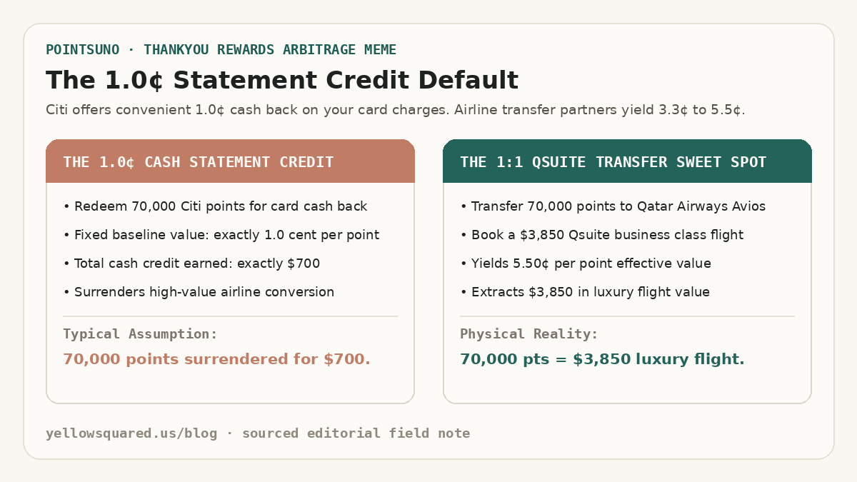 The 1.0-Cent Statement Credit Default: Contrasting cashing out 70,000 Citi points for 700 dollars of statement credit against transferring 70,000 points to Qatar Airways Avios for a 3,850-dollar Qsuite flight.