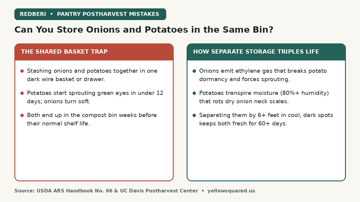 Comparison card contrasting the shared pantry basket trap against separate storage benefits for onions and potatoes.