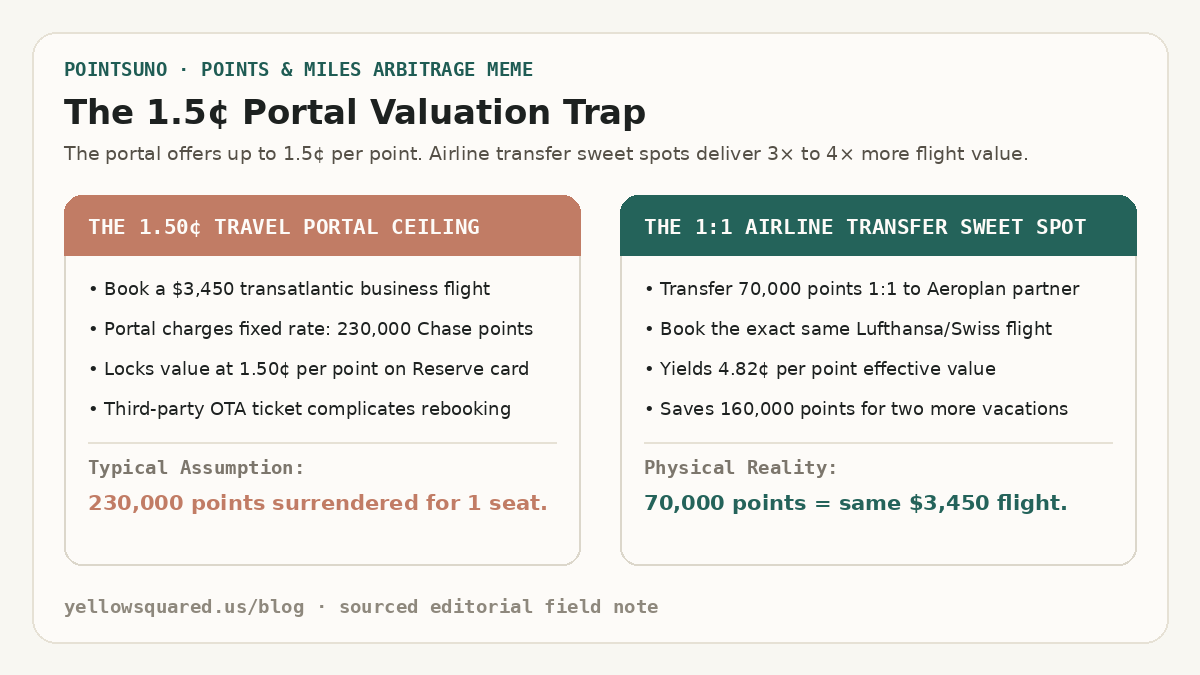 The 1.5-Cent Portal Valuation Trap: Contrasting the fixed 1.50-cent travel portal ceiling on 230,000 points against 1:1 airline transfer sweet spots requiring only 70,000 points for the exact same 3,450-dollar flight.