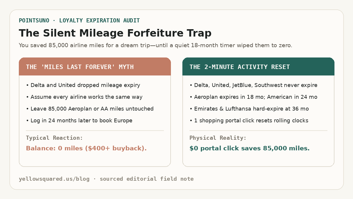 The Silent Mileage Forfeiture Trap: Comparing the myth that all airline miles last forever against the 2-minute shopping portal reset that prevents 18-to-36-month inactivity expiration.