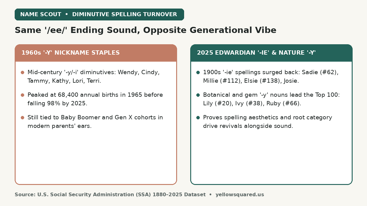 Comparison card contrasting 1960s -y nickname staples like Wendy, Cindy, and Tammy against 2025 Edwardian -ie revivals like Sadie, Millie, and Elsie and botanical -y nouns like Lily, Ivy, and Ruby.