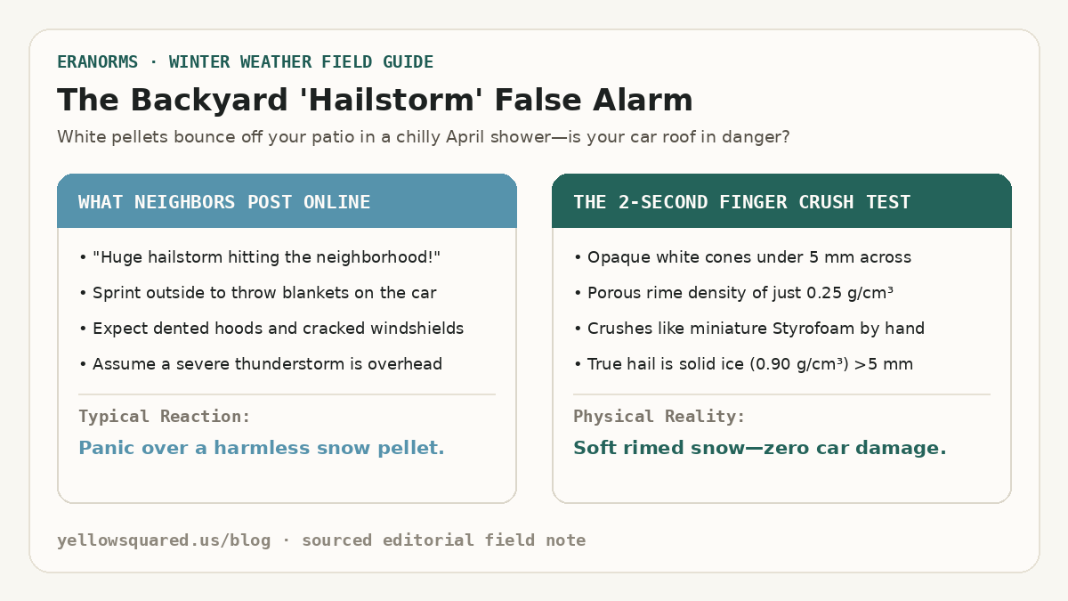 The Backyard Hailstorm False Alarm: Comparing online panic over white pellets against the two-second finger crush test that separates soft rimed graupel from solid hail.