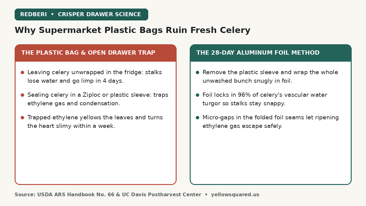 Comparison card contrasting the supermarket plastic bag and open crisper drawer trap against the 28-day aluminum foil storage method for fresh celery.