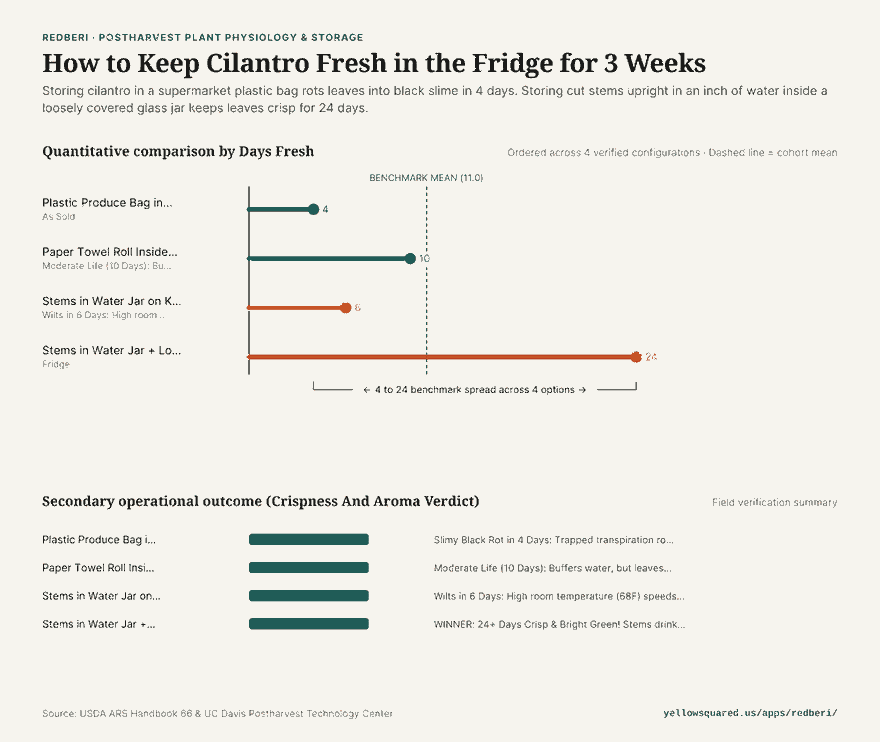 Horizontal bar chart comparing cilantro shelf-life across four storage methods: water jar in fridge (24 days), paper towel roll (10 days), counter water jar (6 days), and supermarket plastic bag (4 days).