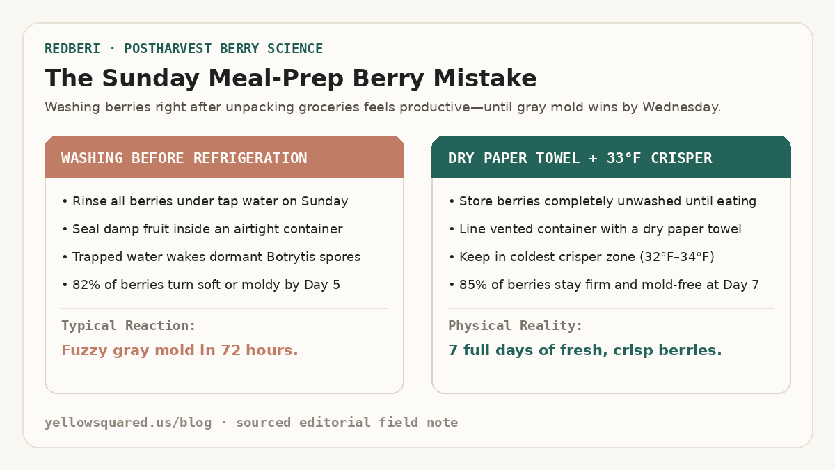 The Sunday Meal-Prep Berry Mistake: Comparing pre-washed damp strawberries that grow fuzzy gray mold in 72 hours against unwashed berries stored on a dry paper towel at 33 degrees Fahrenheit.