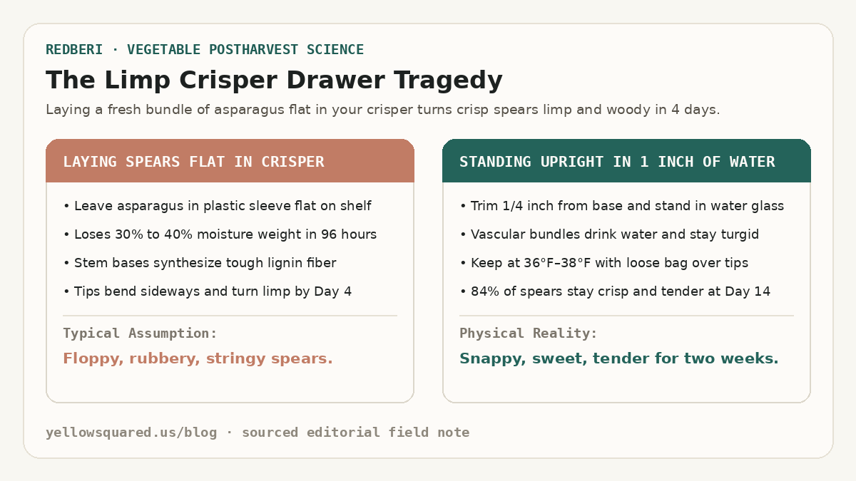 The Limp Crisper Drawer Tragedy: Contrasting laying asparagus flat in a dry crisper drawer that turns limp in 96 hours against standing trimmed spears upright in one inch of water that preserves crisp turgidity for two weeks.