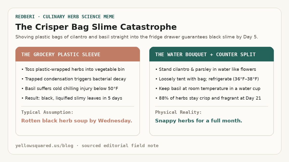 The Crisper Bag Slime Catastrophe: Contrasting tossing plastic-wrapped herbs in the crisper bin that turns to black slime in 5 days against storing cilantro in a water jar bouquet that stays crisp for 4 weeks.