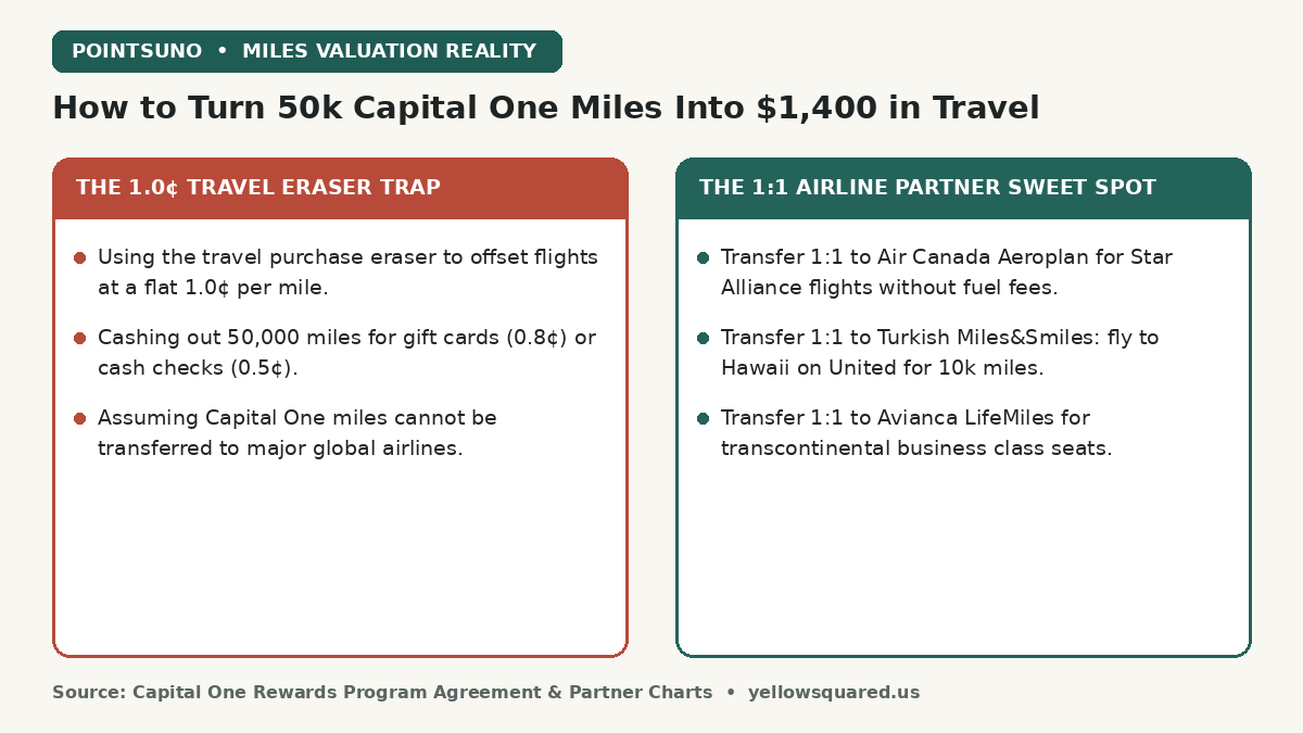 Comparison card contrasting the 1.0 cent Capital One travel eraser baseline against the 1:1 airline transfer partner sweet spots that unlock up to 1400 dollars in value.