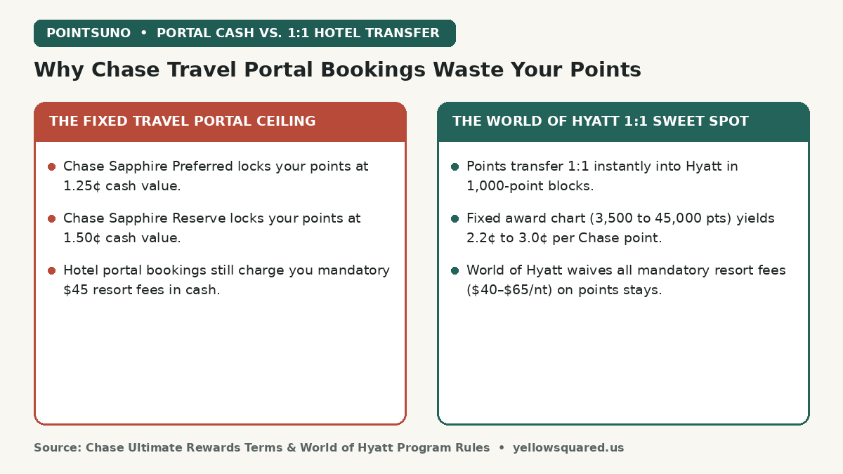 Comparison card contrasting the fixed Chase travel portal redemption ceiling against the World of Hyatt 1:1 transfer sweet spot.