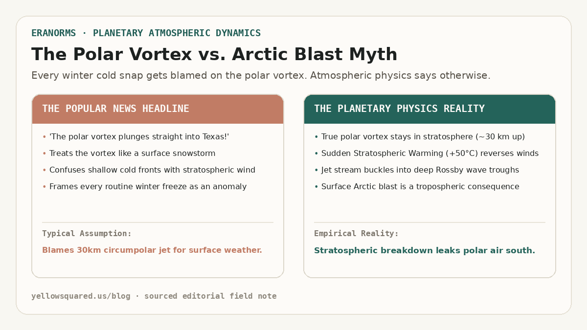 The Polar Vortex vs. Arctic Blast Myth: Popular news headline blaming a 30km circumpolar jet for surface weather versus planetary physics showing stratospheric breakdown and Rossby wave troughs.