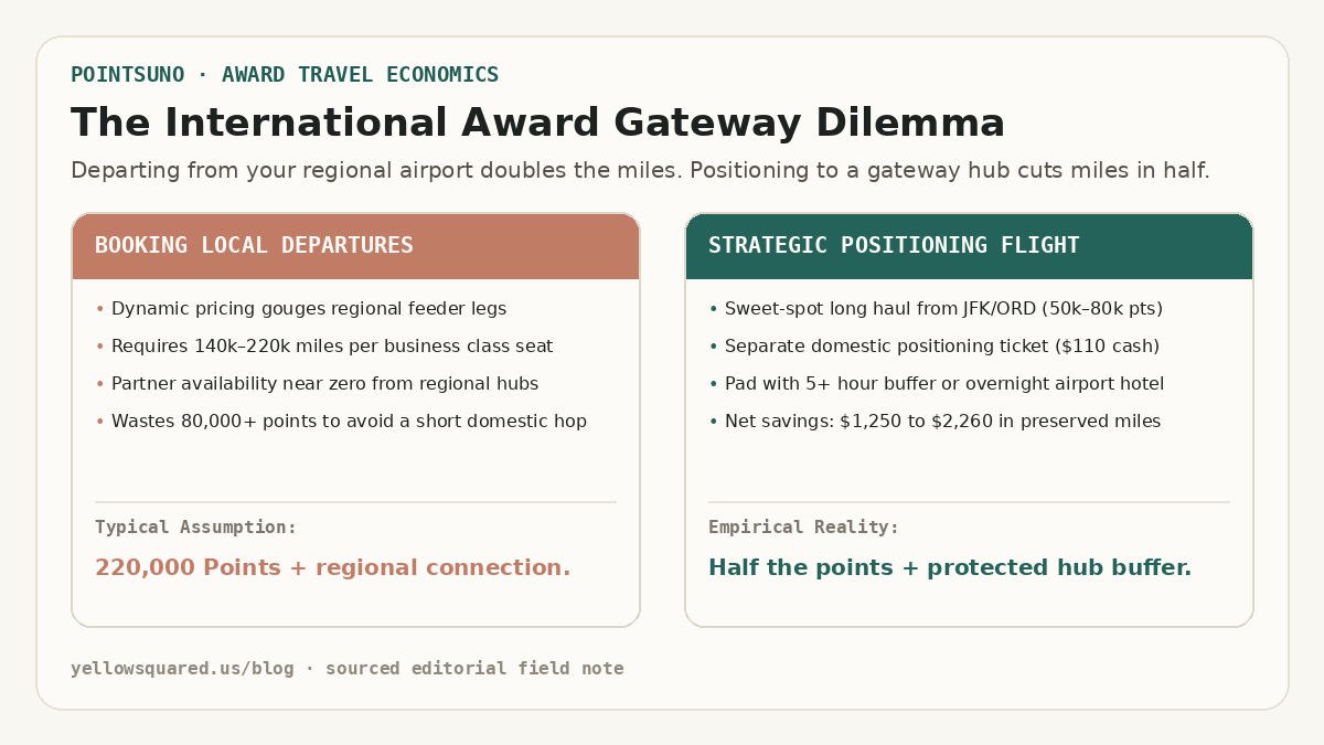 The International Award Gateway Dilemma: Booking local departures at 220,000 points versus strategic positioning to a gateway hub for 80,000 points plus an overnight hotel buffer.