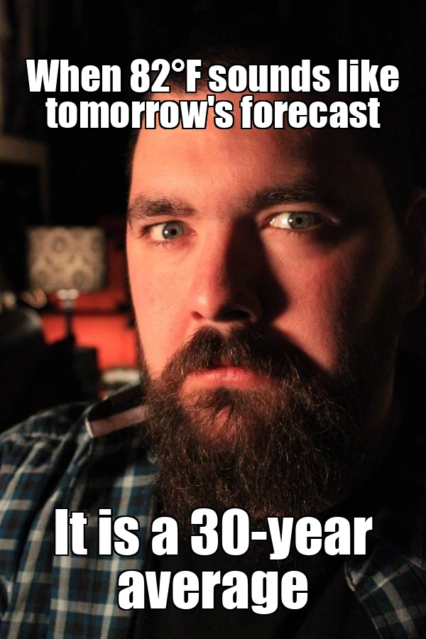 Skeptical reaction meme explaining that an apparent tomorrow forecast is actually a 30-year climate average
