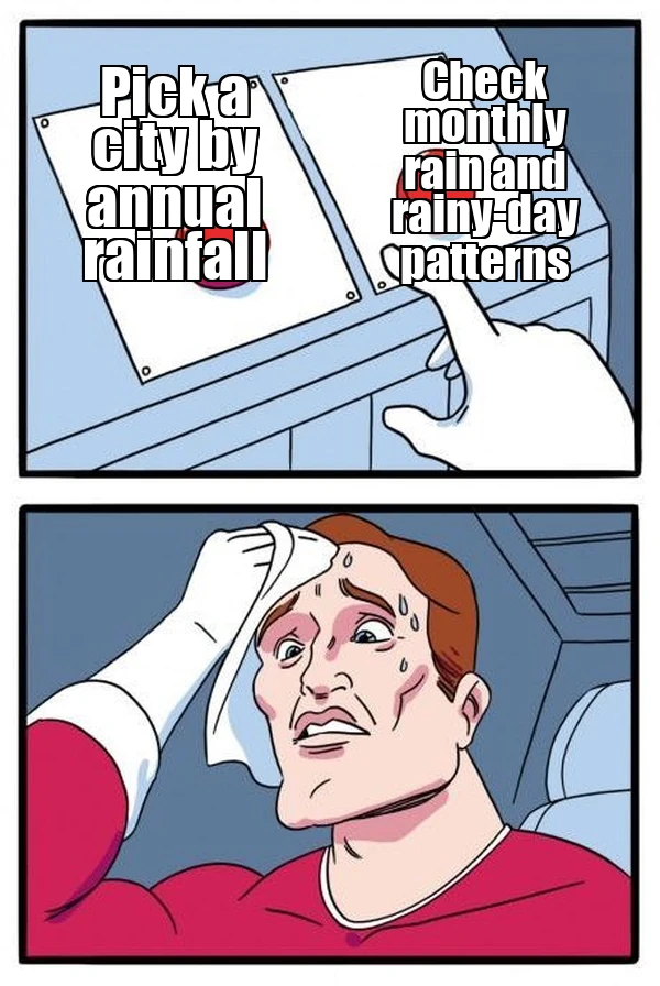 Two Buttons meme about choosing a city by annual rainfall versus checking monthly rainfall and rainy-day patterns