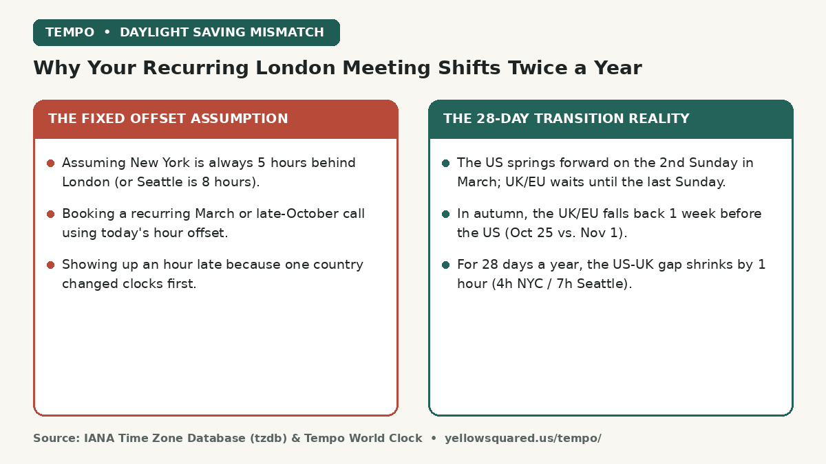 Comparison card contrasting the fixed offset assumption between US and UK time zones against the 28-day Daylight Saving Time transition mismatch in March and October.
