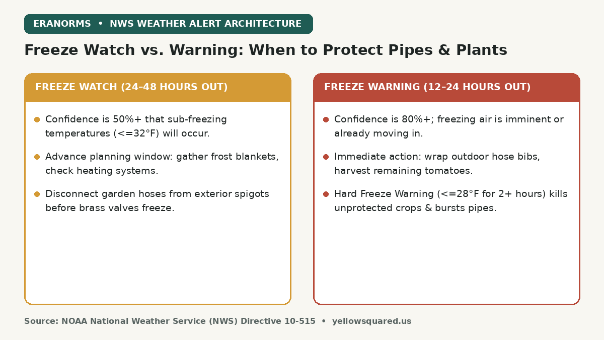 Comparison card contrasting NWS Freeze Watch timing and preparation rules against Freeze Warning action steps and temperature thresholds.