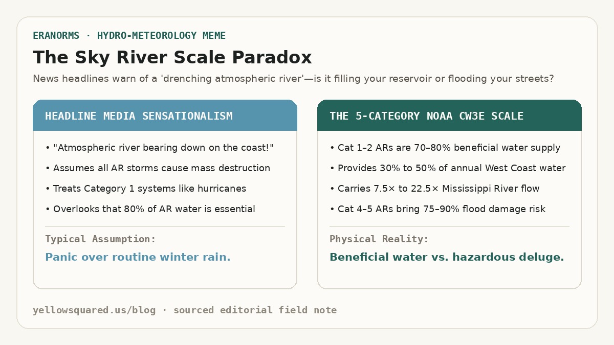 The Sky River Scale Paradox: Contrasting media sensationalism that treats all atmospheric rivers like catastrophic hurricanes against the NOAA CW3E 5-category scale where Categories 1 and 2 deliver 70 to 80 percent beneficial water supply.