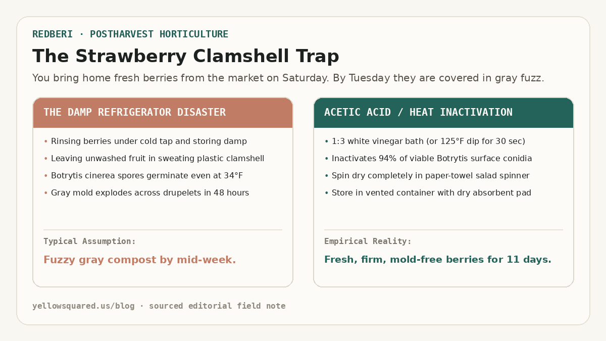 The Strawberry Clamshell Trap: Rinsing berries in plain cold water and storing damp resulting in fuzzy gray mold in 48 hours versus a 1:3 vinegar bath or 125 degree Fahrenheit dip extending freshness to 11 days.