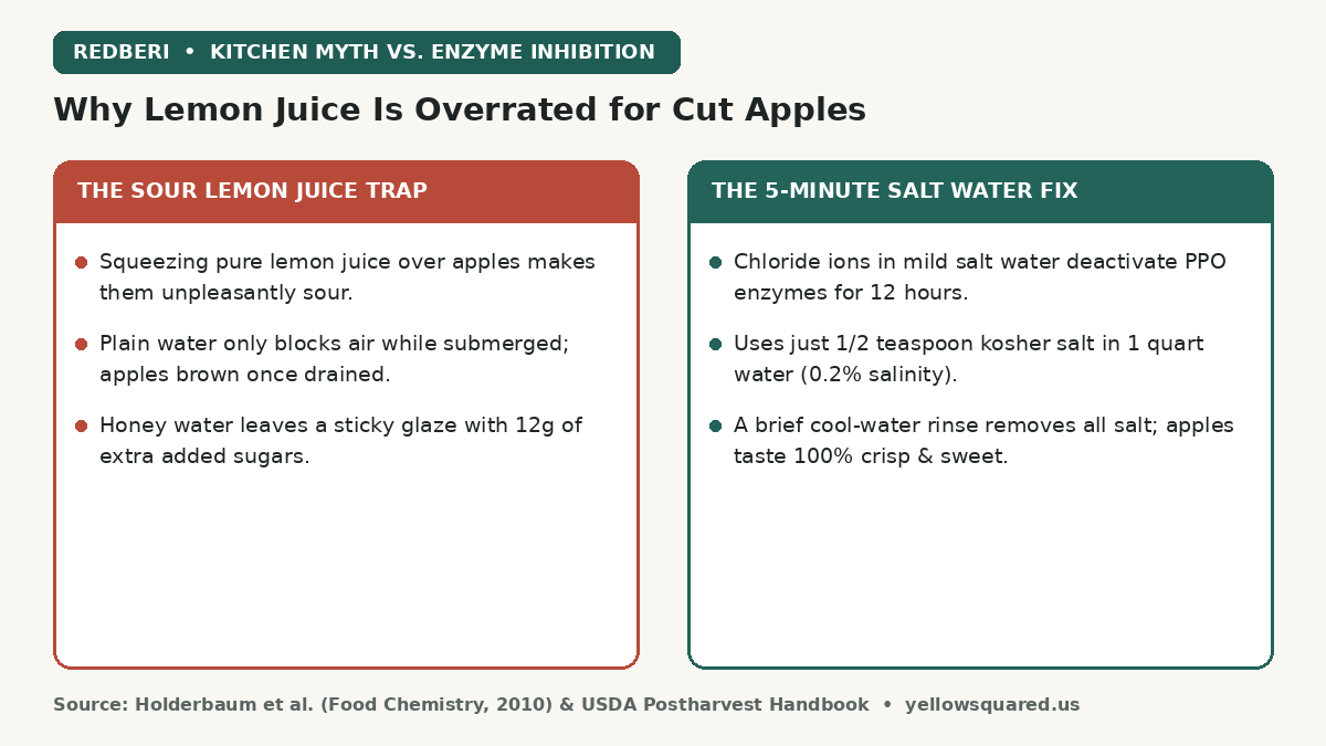 Comparison card contrasting the sour lemon juice trap against the 5-minute salt water soak for preventing sliced apples from turning brown.