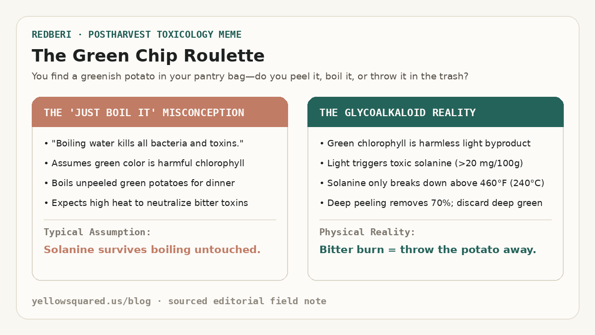 The Green Chip Roulette: Contrasting the misconception that boiling kills all toxins against the biochemical reality that potato solanine survives 212-degree boiling untouched.