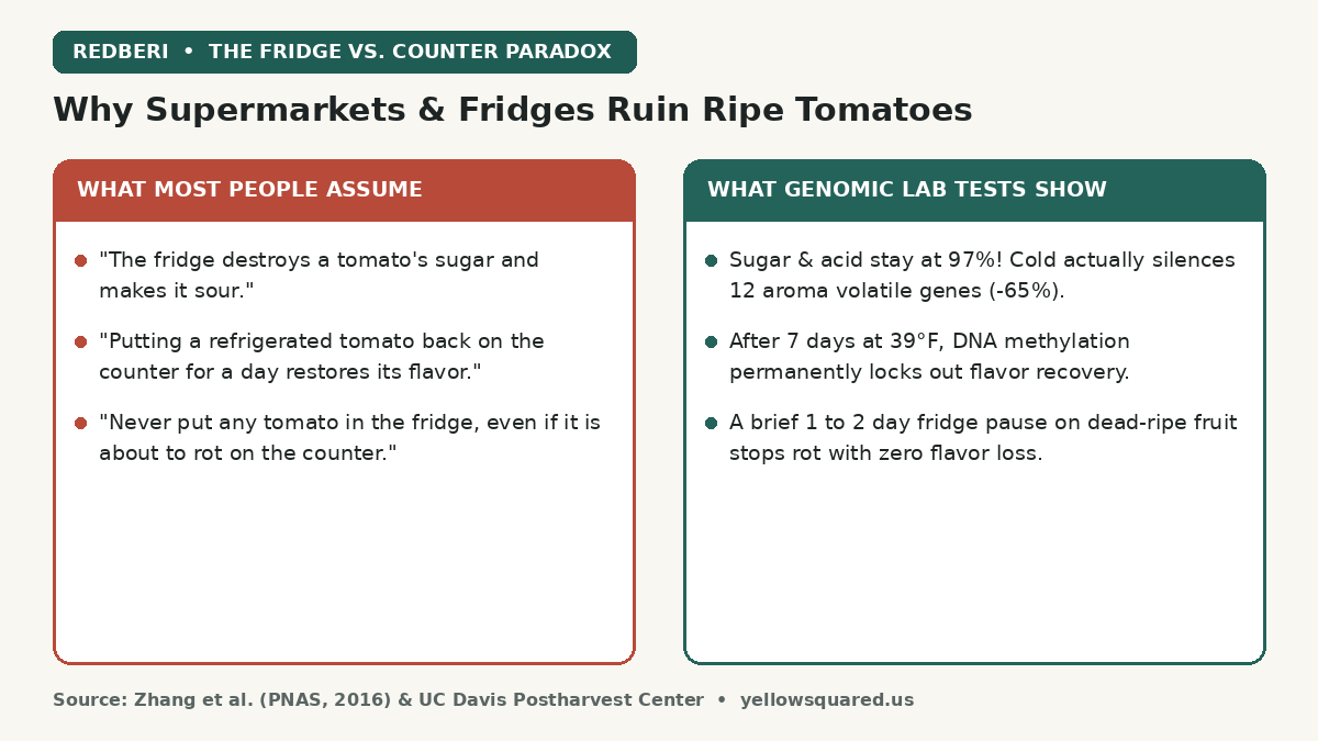 Comparison card contrasting common assumptions about refrigerating tomatoes with genomic lab test results from PNAS 2016 showing that sugars stay at 97 percent while 12 aroma volatile genes are silenced after 3 days of cold storage.