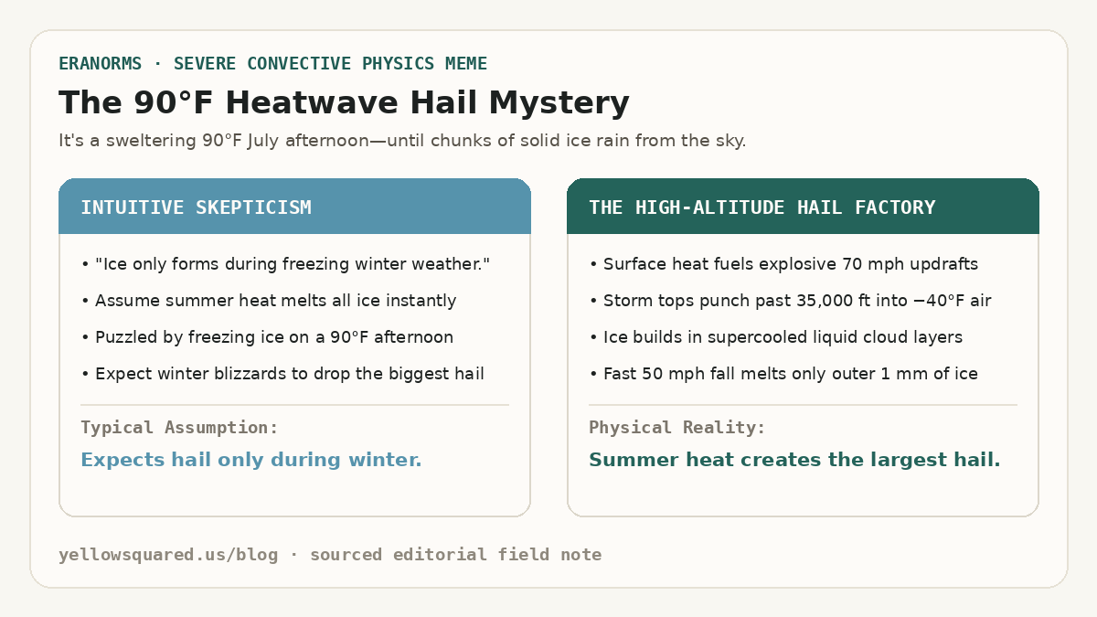 The 90-Degree Heatwave Hail Mystery: Contrasting the intuitive assumption that ice only forms in winter against the convective physics where summer heat creates 70-mph updrafts and minus-40-degree cloud tops.
