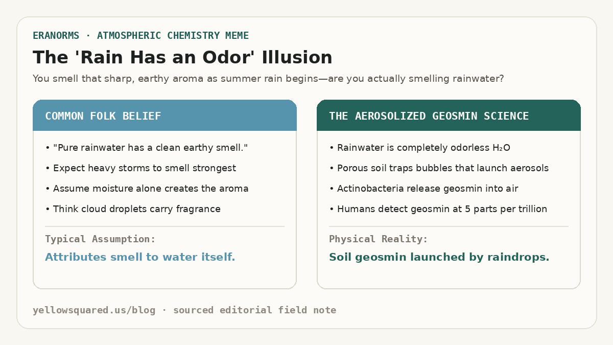 The Rain Has an Odor Illusion: Contrasting the folk belief that pure rainwater smells earthy against the micro-aerosol science of raindrop bubble bursts launching soil actinobacteria geosmin.