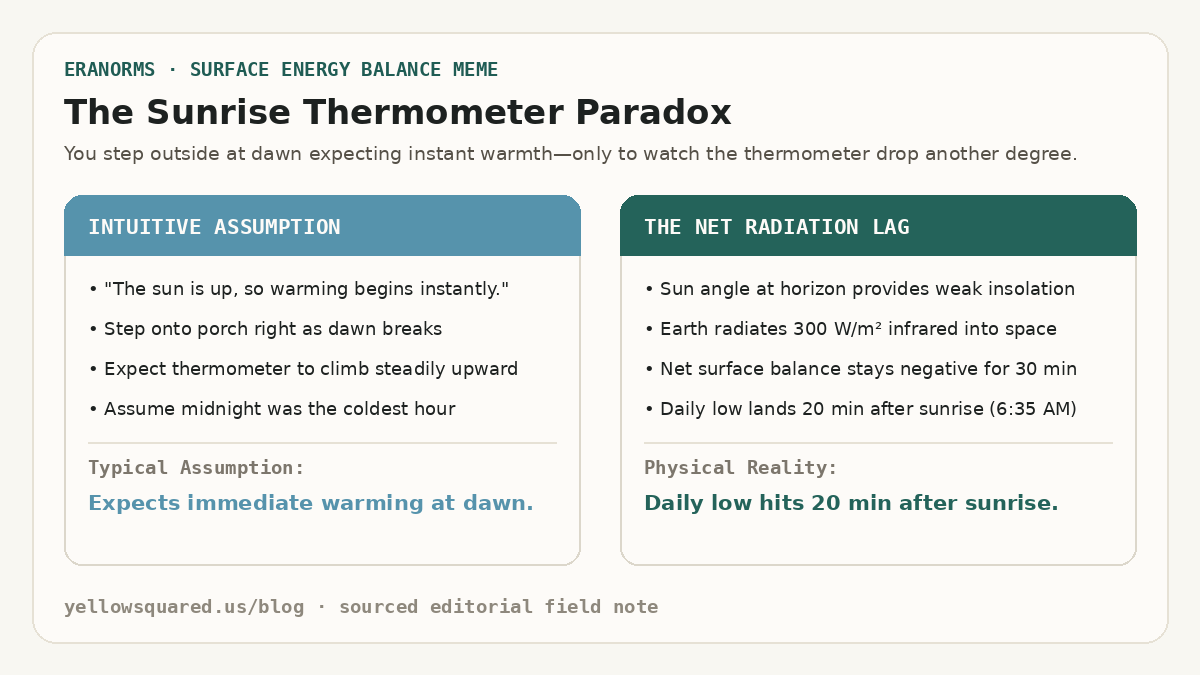 The Sunrise Thermometer Paradox: Contrasting the intuitive assumption of immediate morning warming against the physical reality of net radiative cooling driving the daily low 20 minutes after sunrise.