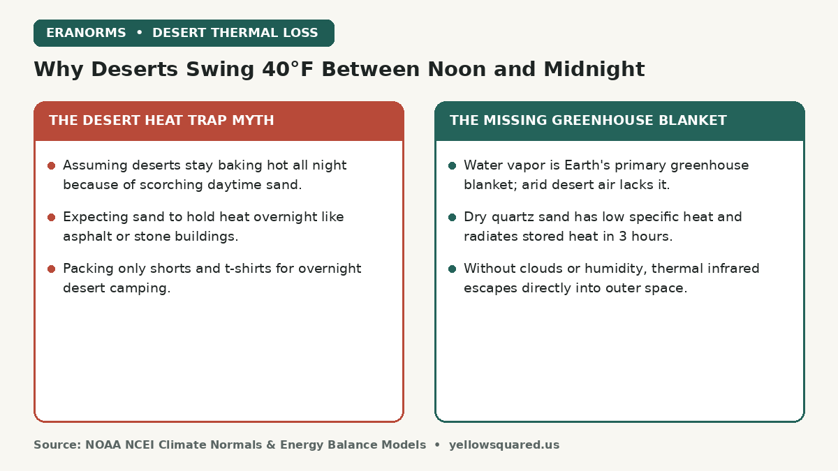 Comparison card contrasting the desert heat trap myth against the missing greenhouse vapor blanket that causes 40 degree daily temperature swings.