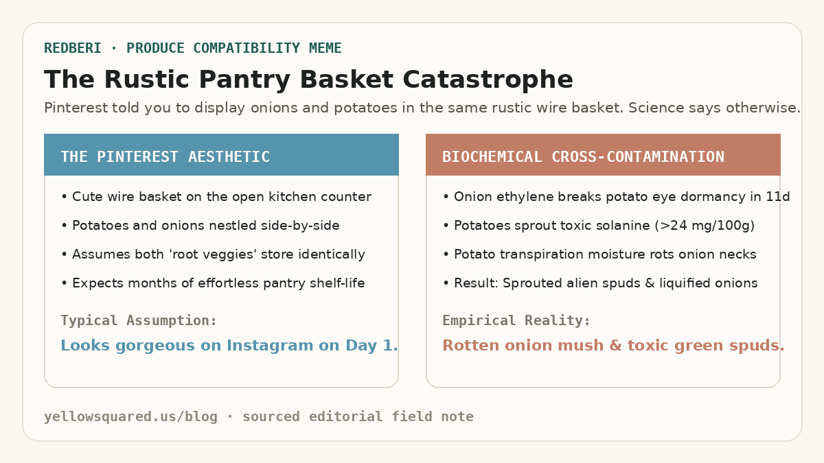 The Rustic Pantry Basket Catastrophe: Pinterest wire basket aesthetic versus biochemical cross-contamination resulting in toxic sprouted potatoes and liquified rotten onions.