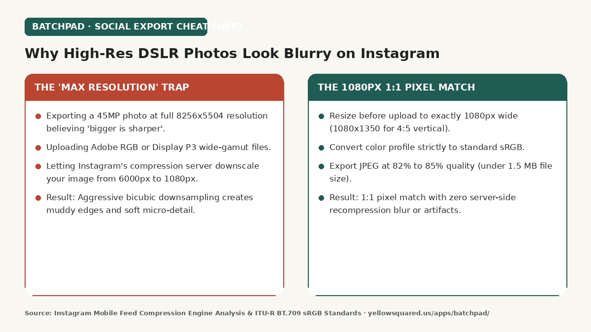 Hook card showing the contrast between the maximum resolution trap and optimal 1080px export practices for Instagram.