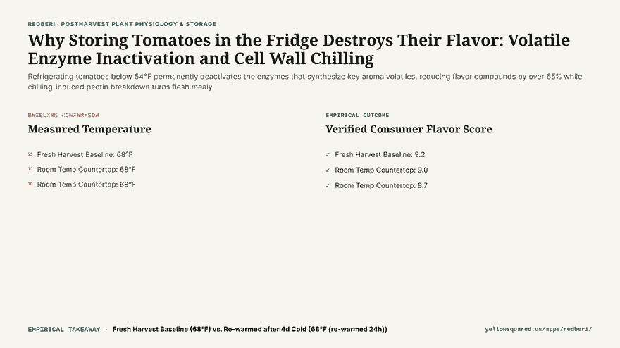 The Great Tomato Fridge Paradox: Expectation of crisp summer salad versus the biochemical reality of chilling-induced flavor loss and mealy texture below 54 degrees.